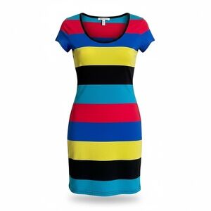Vintage Y2K Bodycon Mini T-Shirt Dress XS Colorful Stripes Cotton Short Sleeve